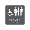 Charcoalgrå och vit skylt för toalett med piktogram av en rullstol och en kvinna och en man åtskilda av ett lodrätt streck, texten toalett står under symbolen och punktskrift längst ned