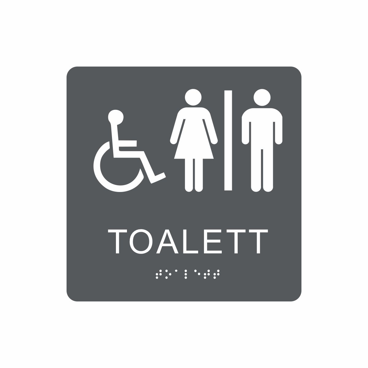 Charcoalgrå och vit skylt för toalett med piktogram av en rullstol och en kvinna och en man åtskilda av ett lodrätt streck, texten toalett står under symbolen och punktskrift längst ned