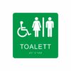 Grön och vit skylt för toalett med piktogram av en rullstol och en kvinna och en man åtskilda av ett lodrätt streck, texten toalett står under symbolen och punktskrift längst ned