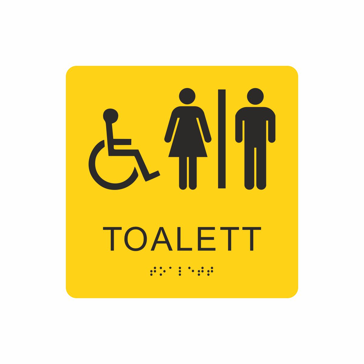 Gul och svart skylt för toalett med piktogram av en rullstol och en kvinna och en man åtskilda av ett lodrätt streck, texten toalett står under symbolen och punktskrift längst ned