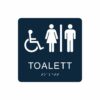 Mörkblå och vit skylt för toalett med piktogram av en rullstol och en kvinna och en man åtskilda av ett lodrätt streck, texten toalett står under symbolen och punktskrift längst ned