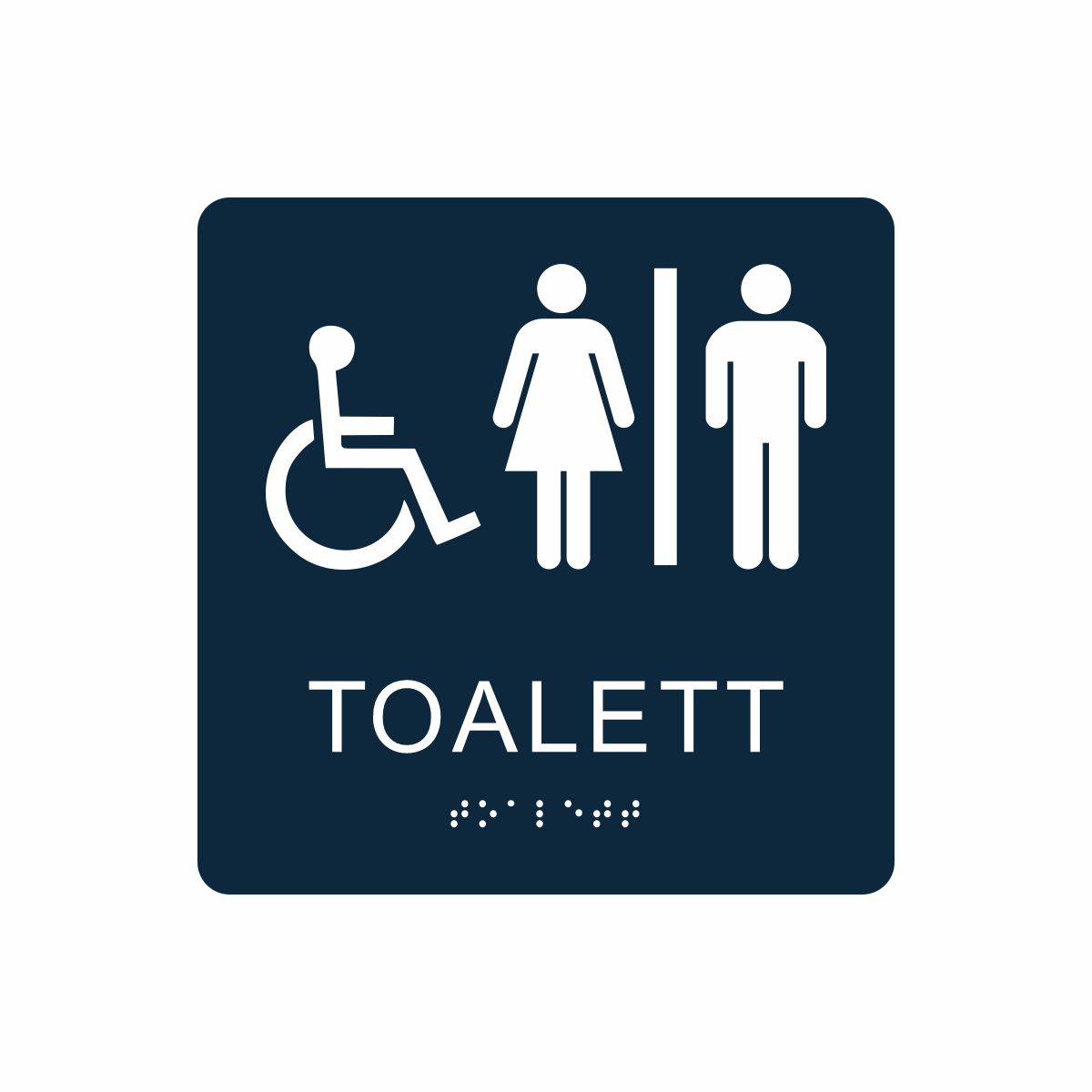 Mörkblå och vit skylt för toalett med piktogram av en rullstol och en kvinna och en man åtskilda av ett lodrätt streck, texten toalett står under symbolen och punktskrift längst ned