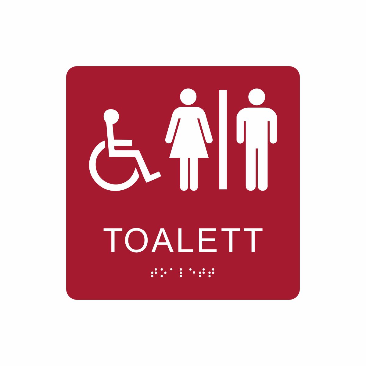 Röd och vit skylt för toalett med piktogram av en rullstol och en kvinna och en man åtskilda av ett lodrätt streck, texten toalett står under symbolen och punktskrift längst ned