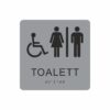 Silvergrå och svart skylt för toalett med piktogram av en rullstol och en kvinna och en man åtskilda av ett lodrätt streck, texten toalett står under symbolen och punktskrift längst ned