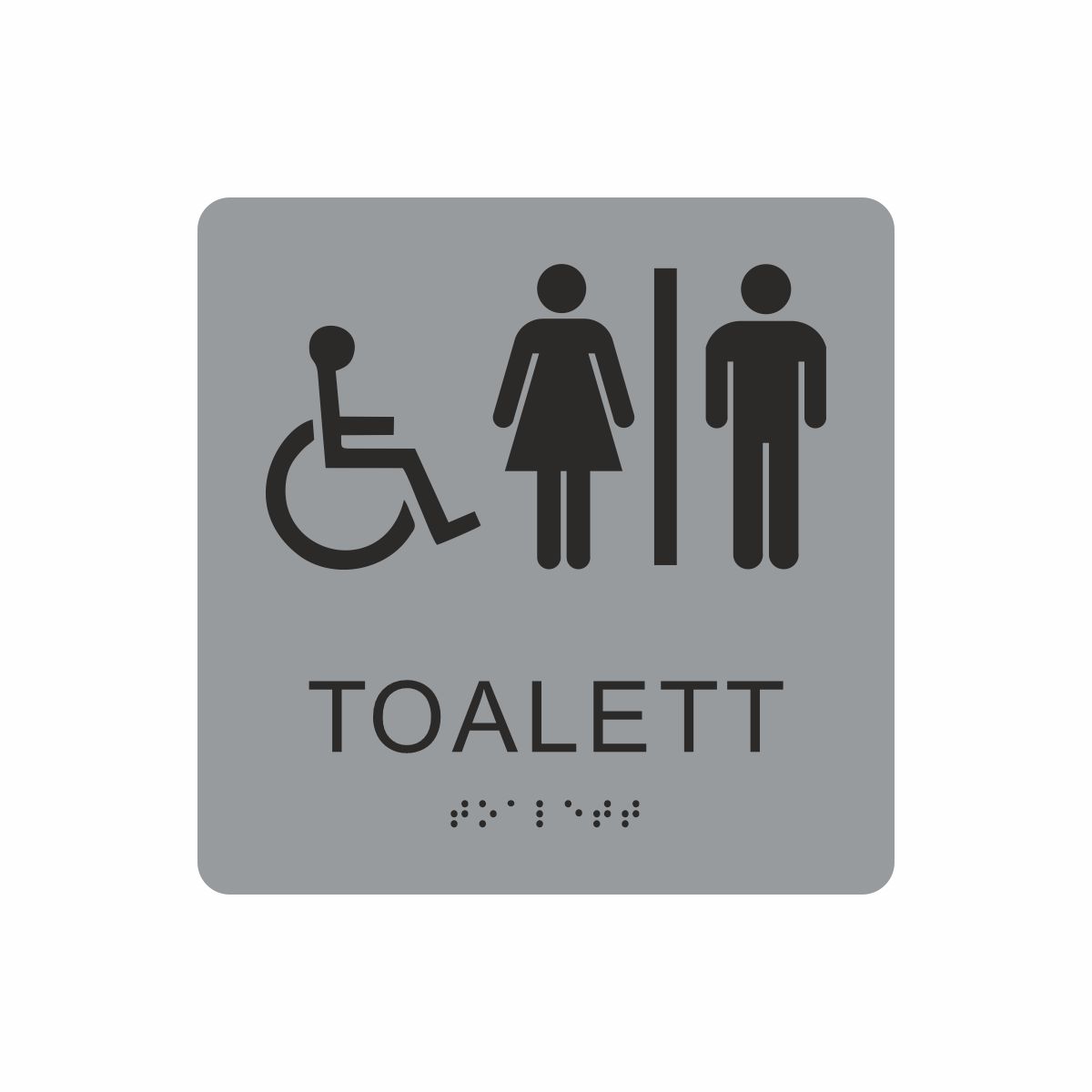 Silvergrå och svart skylt för toalett med piktogram av en rullstol och en kvinna och en man åtskilda av ett lodrätt streck, texten toalett står under symbolen och punktskrift längst ned