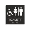 Svart och vit skylt för toalett i storlek 150 x 150 mm med en tunn aluminiumram, med piktogram av en rullstol och en kvinna och en man åtskilda av ett lodrätt streck, texten toalett står under symbolen och punktskrift längst ned