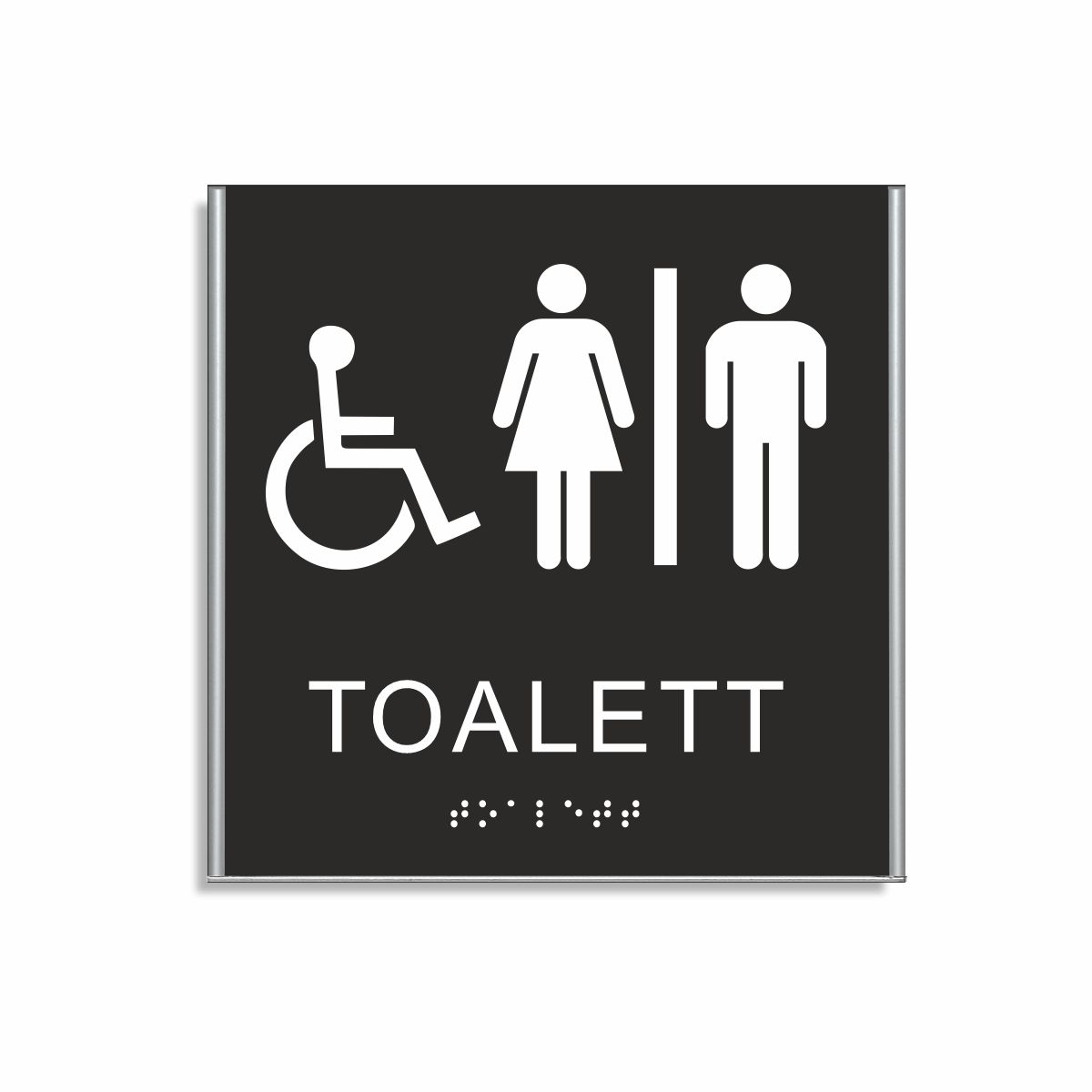 Svart och vit skylt för toalett i storlek 150 x 150 mm med en tunn aluminiumram, med piktogram av en rullstol och en kvinna och en man åtskilda av ett lodrätt streck, texten toalett står under symbolen och punktskrift längst ned