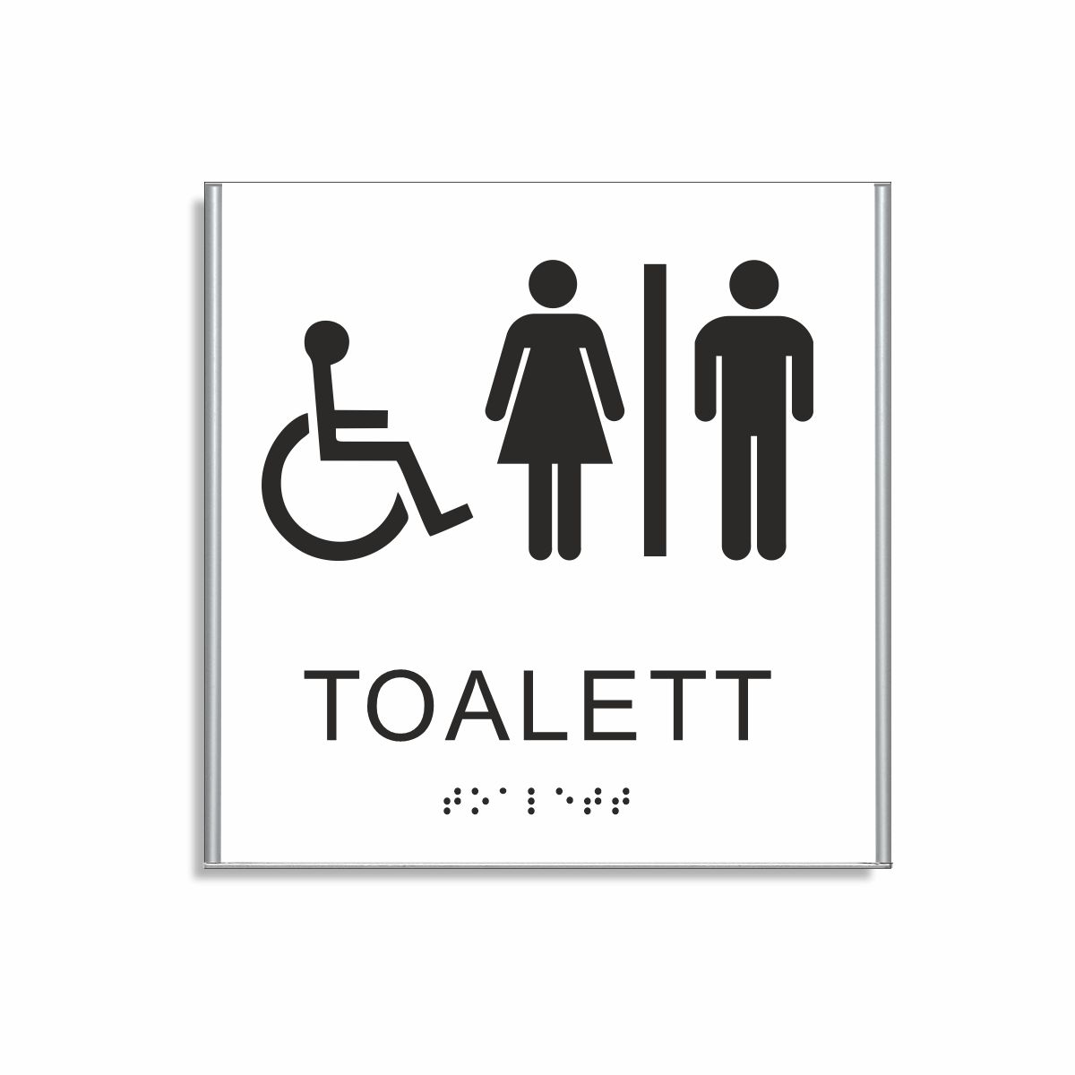 Vit och svart skylt för toalett i storlek 150 x 150 mm med en tunn aluminiumram, med piktogram av en rullstol och en kvinna och en man åtskilda av ett lodrätt streck, texten toalett står under symbolen och punktskrift längst ned
