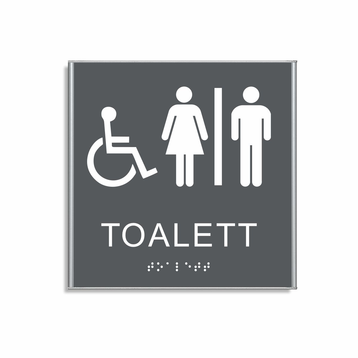 Charcoal grå och vit skylt för toalett i storlek 150 x 150 mm med en tunn aluminiumram, med piktogram av en rullstol och en kvinna och en man åtskilda av ett lodrätt streck, texten toalett står under symbolen och punktskrift längst ned
