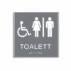 Grå och vit skylt för toalett i storlek 150 x 150 mm med en tunn aluminiumram, med piktogram av en rullstol och en kvinna och en man åtskilda av ett lodrätt streck, texten toalett står under symbolen och punktskrift längst ned