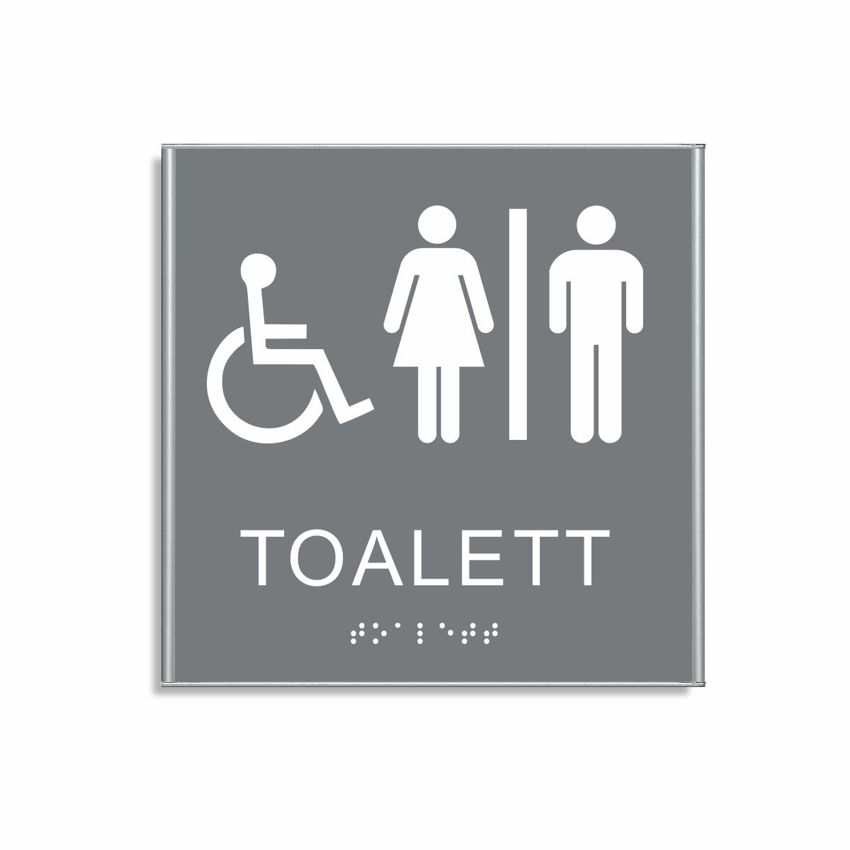 Grå och vit skylt för toalett i storlek 150 x 150 mm med en tunn aluminiumram, med piktogram av en rullstol och en kvinna och en man åtskilda av ett lodrätt streck, texten toalett står under symbolen och punktskrift längst ned