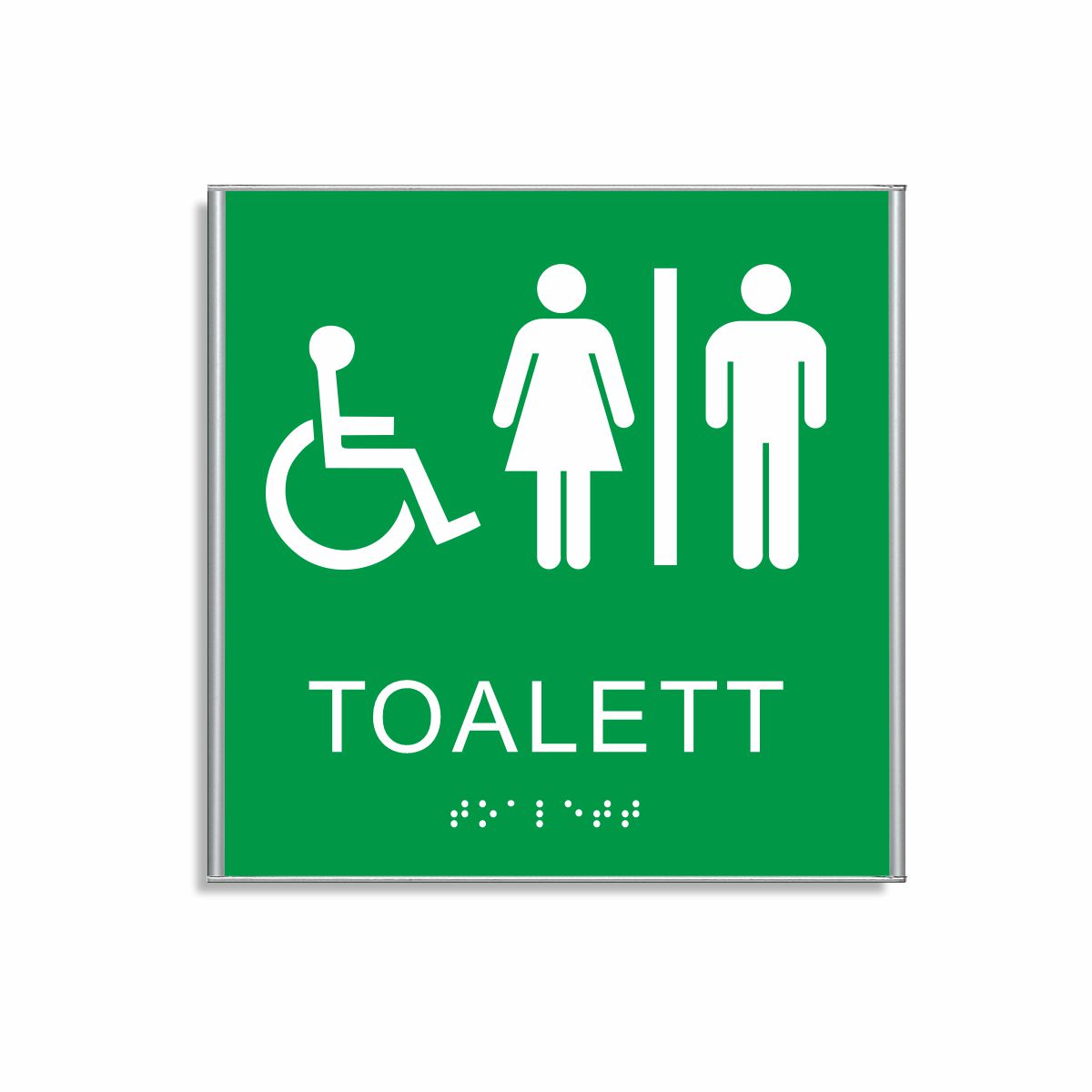 Grön och vit skylt för toalett i storlek 150 x 150 mm med en tunn aluminiumram, med piktogram av en rullstol och en kvinna och en man åtskilda av ett lodrätt streck, texten toalett står under symbolen och punktskrift längst ned