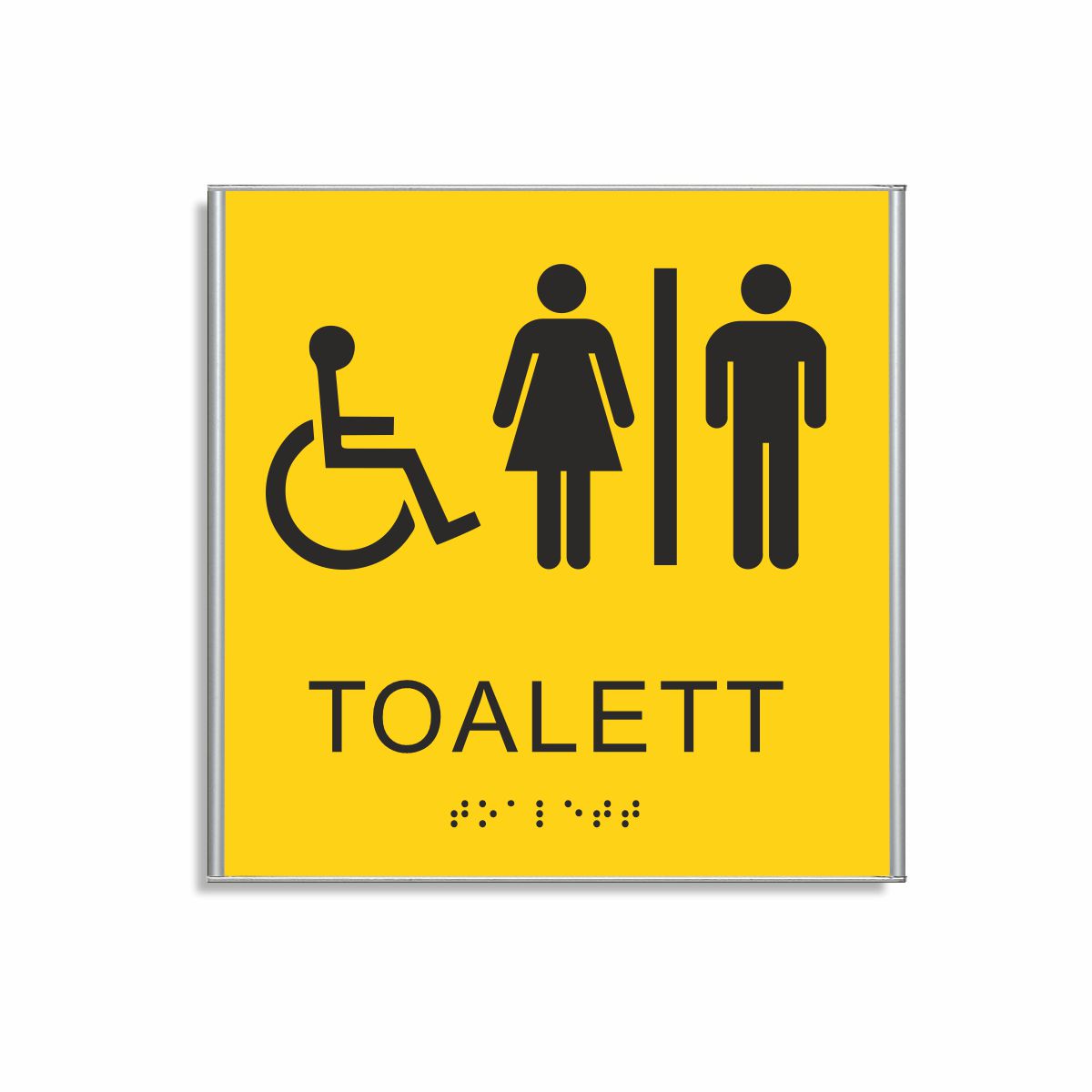 Gul och svart skylt för toalett i storlek 150 x 150 mm med en tunn aluminiumram, med piktogram av en rullstol och en kvinna och en man åtskilda av ett lodrätt streck, texten toalett står under symbolen och punktskrift längst ned