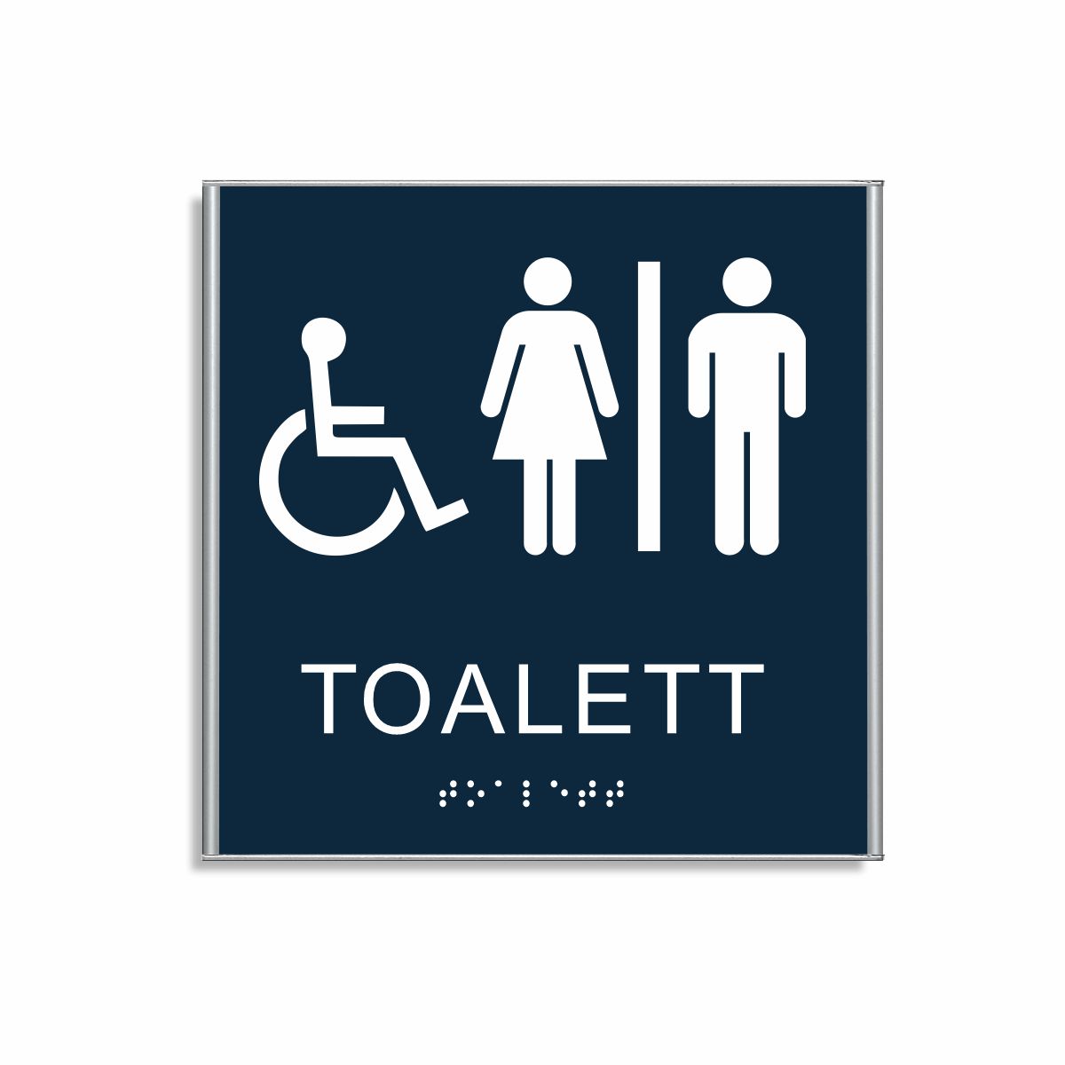 Mörkblå och vit skylt för toalett i storlek 150 x 150 mm med en tunn aluminiumram, med piktogram av en rullstol och en kvinna och en man åtskilda av ett lodrätt streck, texten toalett står under symbolen och punktskrift längst ned