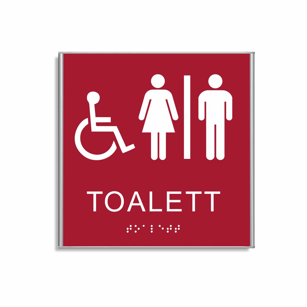 Röd och vit skylt för toalett i storlek 150 x 150 mm med en tunn aluminiumram, med piktogram av en rullstol och en kvinna och en man åtskilda av ett lodrätt streck, texten toalett står under symbolen och punktskrift längst ned