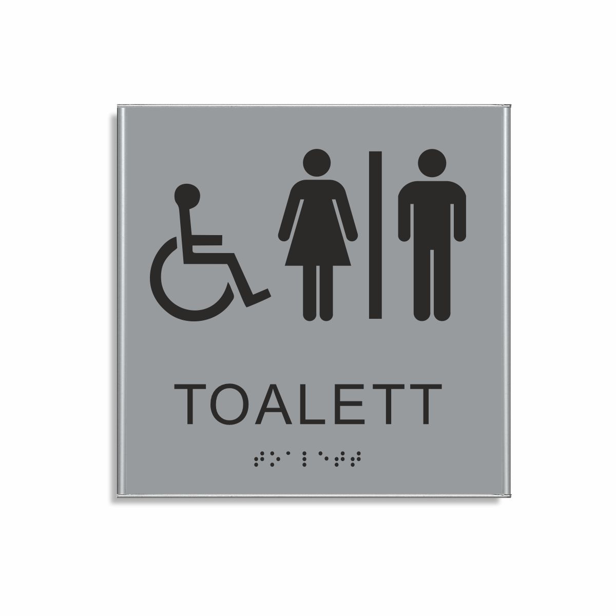 Silvergrå och svart skylt för toalett i storlek 150 x 150 mm med en tunn aluminiumram, med piktogram av en rullstol och en kvinna och en man åtskilda av ett lodrätt streck, texten toalett står under symbolen och punktskrift längst ned