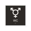 Svart och vit skylt för wc med piktogram som symboliserar könsneutral toalett, texten wc står under symbolen och punktskrift längst ned