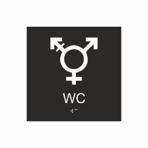 Svart och vit skylt för wc med piktogram som symboliserar könsneutral toalett, texten wc står under symbolen och punktskrift längst ned