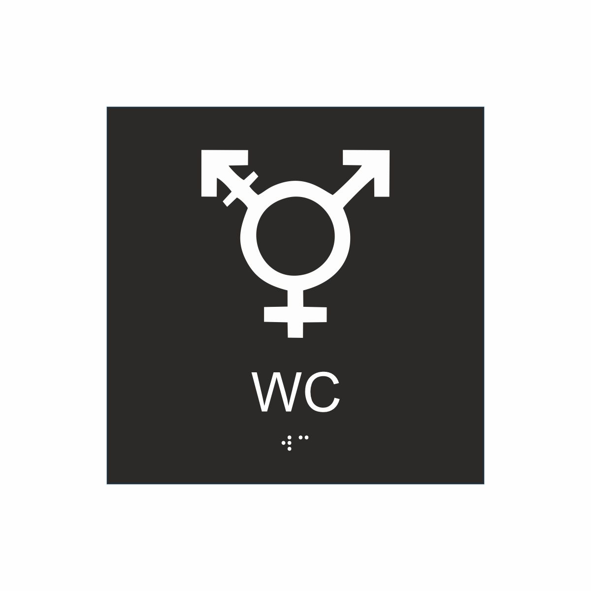 Svart och vit skylt för wc med piktogram som symboliserar könsneutral toalett, texten wc står under symbolen och punktskrift längst ned