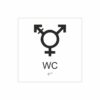 Vit och svart skylt för wc med piktogram som symboliserar könsneutral toalett, texten wc  står under symbolen och punktskrift längst ned
