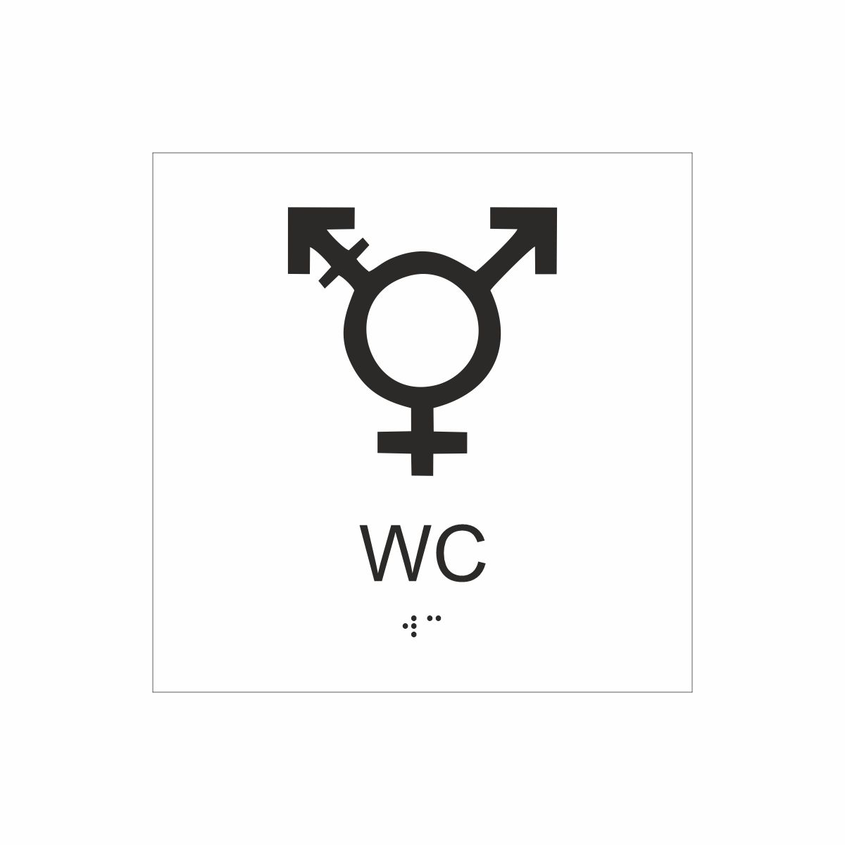 Vit och svart skylt för wc med piktogram som symboliserar könsneutral toalett, texten wc  står under symbolen och punktskrift längst ned