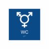 Blå och vit skylt för wc med piktogram som symboliserar könsneutral toalett, texten wc  står under symbolen och punktskrift längst ned