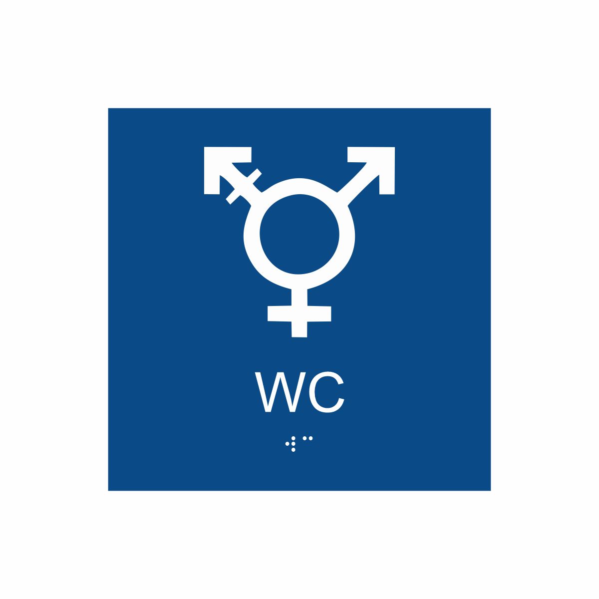 Blå och vit skylt för wc med piktogram som symboliserar könsneutral toalett, texten wc  står under symbolen och punktskrift längst ned