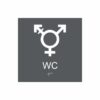 Charcoalgrå och vit skylt för wc med piktogram som symboliserar könsneutral toalett, texten wc står under symbolen och punktskrift längst ned