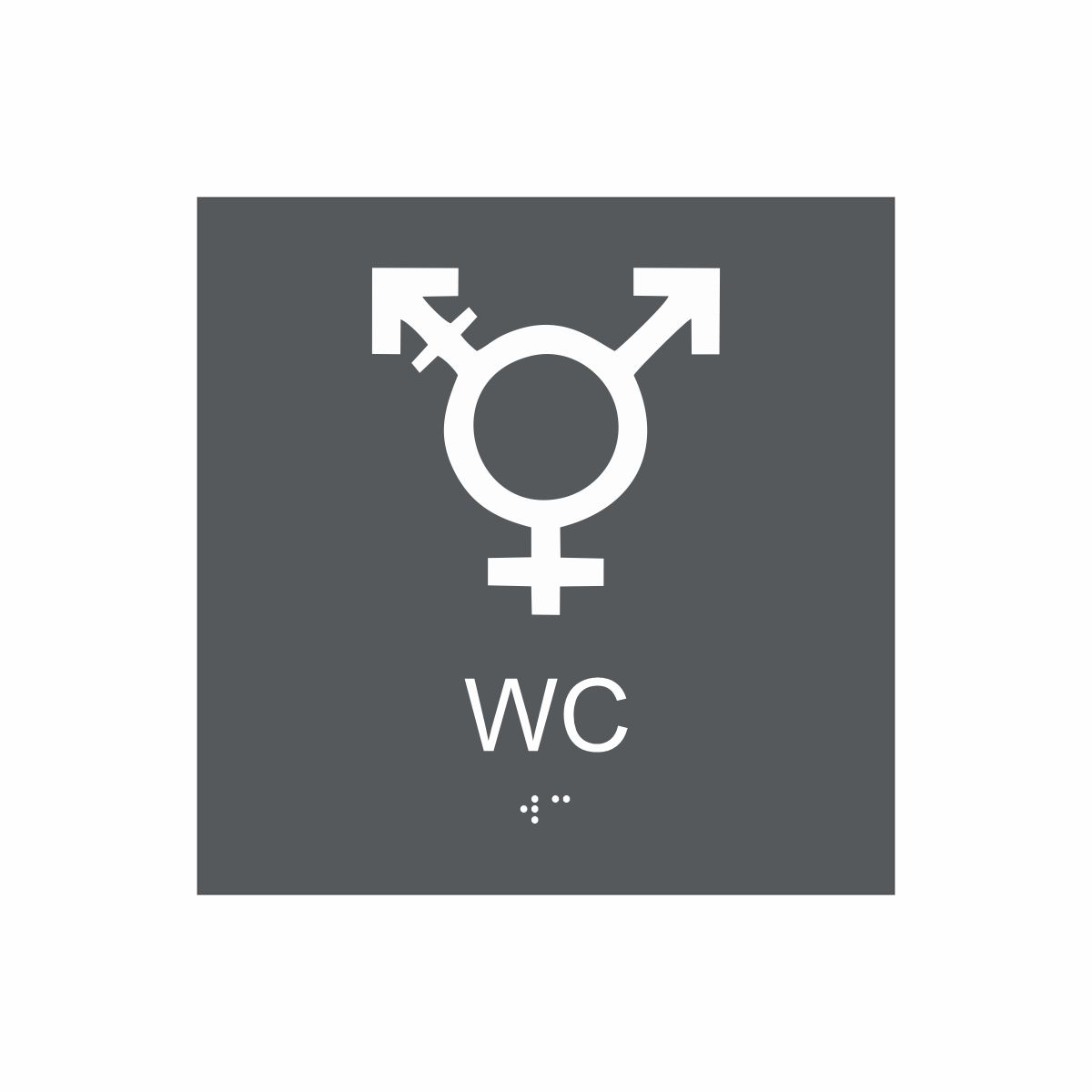 Charcoalgrå och vit skylt för wc med piktogram som symboliserar könsneutral toalett, texten wc står under symbolen och punktskrift längst ned