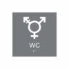 Grå och vit skylt för wc med piktogram som symboliserar könsneutral toalett, texten wc står under symbolen och punktskrift längst ned