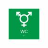 Grön och vit skylt för wc med piktogram som symboliserar könsneutral toalett, texten wc står under symbolen och punktskrift längst ned