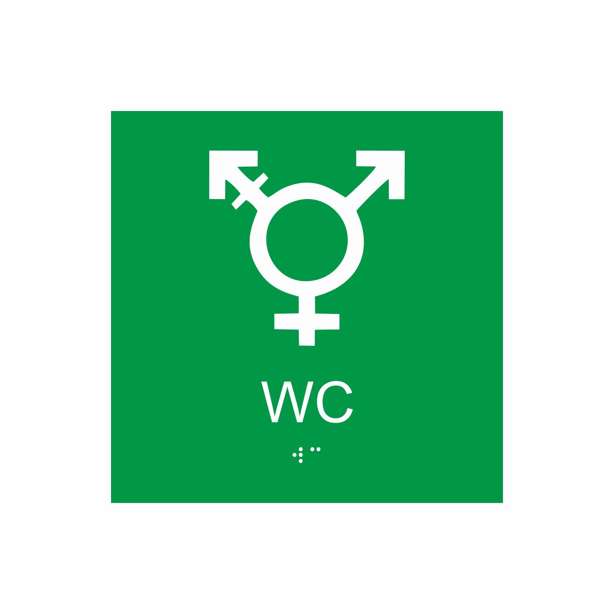 Grön och vit skylt för wc med piktogram som symboliserar könsneutral toalett, texten wc står under symbolen och punktskrift längst ned