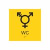 Gul och svart skylt för wc med piktogram som symboliserar könsneutral toalett, texten wc står under symbolen och punktskrift längst ned
