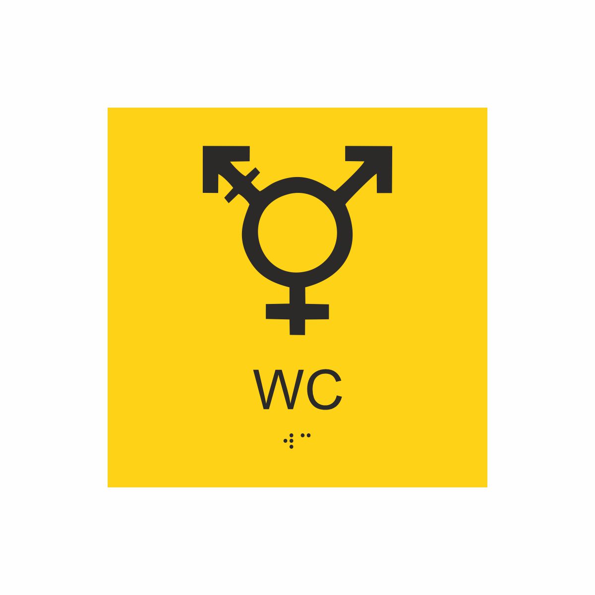 Gul och svart skylt för wc med piktogram som symboliserar könsneutral toalett, texten wc står under symbolen och punktskrift längst ned