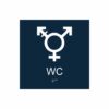Mörkblå och vit skylt för wc med piktogram som symboliserar könsneutral toalett, texten wc står under symbolen och punktskrift längst ned