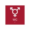 Röd och vit skylt för wc med piktogram som symboliserar könsneutral toalett, texten wc står under symbolen och punktskrift längst ned
