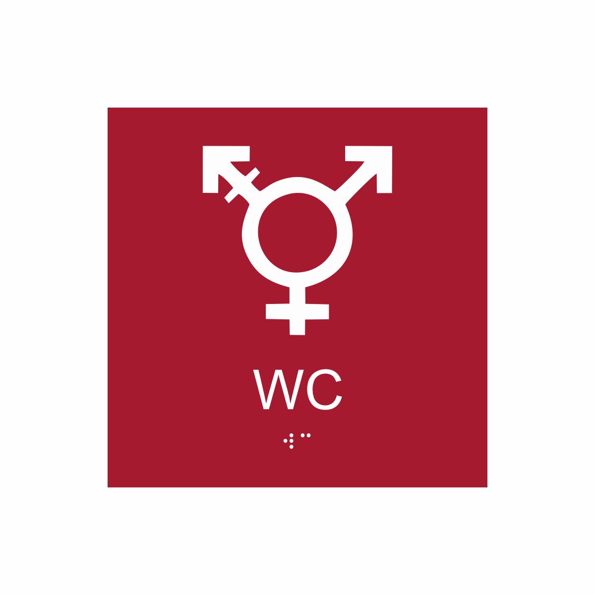 Röd och vit skylt för wc med piktogram som symboliserar könsneutral toalett, texten wc står under symbolen och punktskrift längst ned
