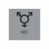 Silvergrå och svart skylt för wc med piktogram som symboliserar könsneutral toalett, texten wc står under symbolen och punktskrift längst ned