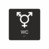 Svart och vit skylt för wc med piktogram som symboliserar könsneutral toalett, texten wc står under symbolen och punktskrift längst ned