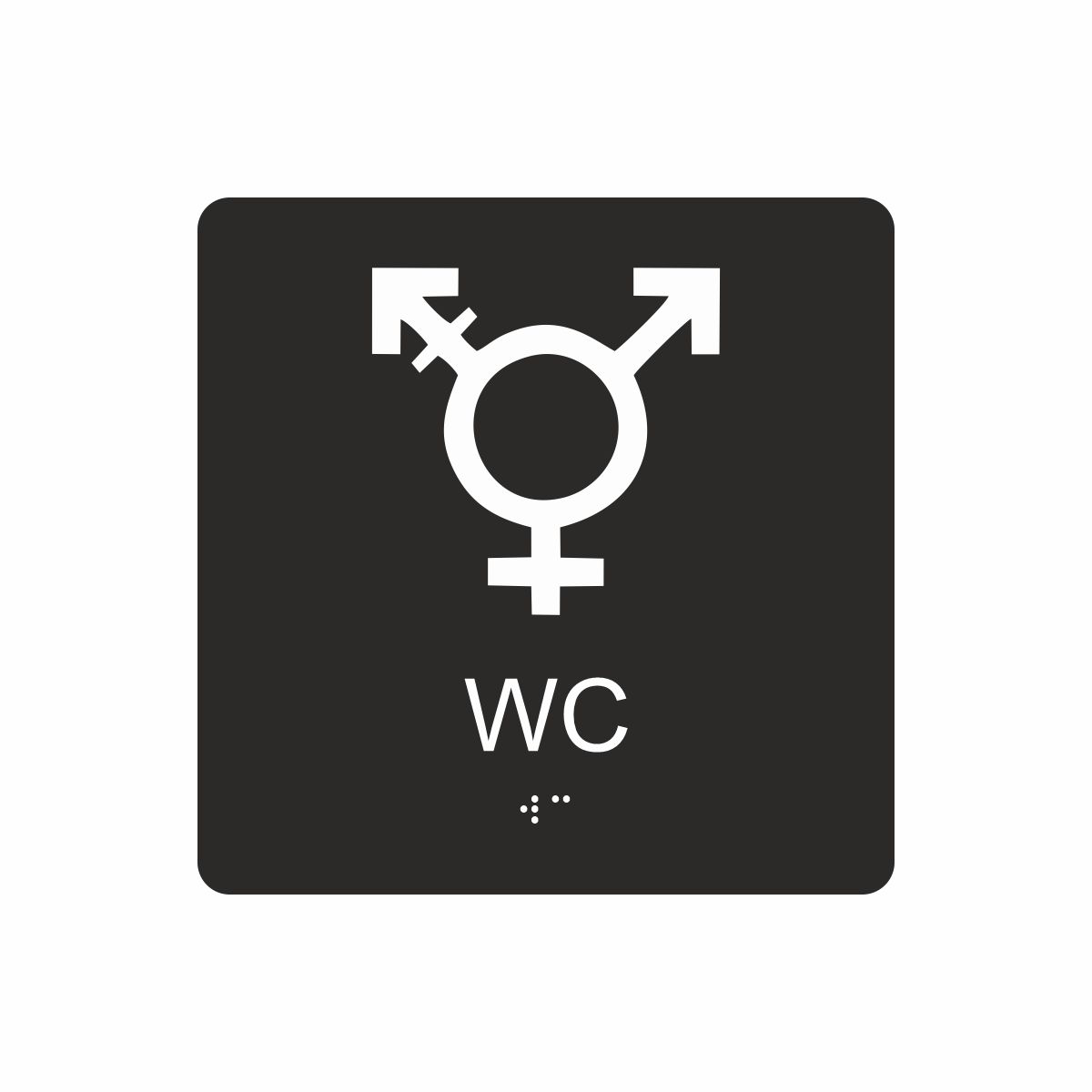 Svart och vit skylt för wc med piktogram som symboliserar könsneutral toalett, texten wc står under symbolen och punktskrift längst ned