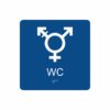 Blå och vit skylt för wc med piktogram som symboliserar könsneutral toalett, texten wc står under symbolen och punktskrift längst ned