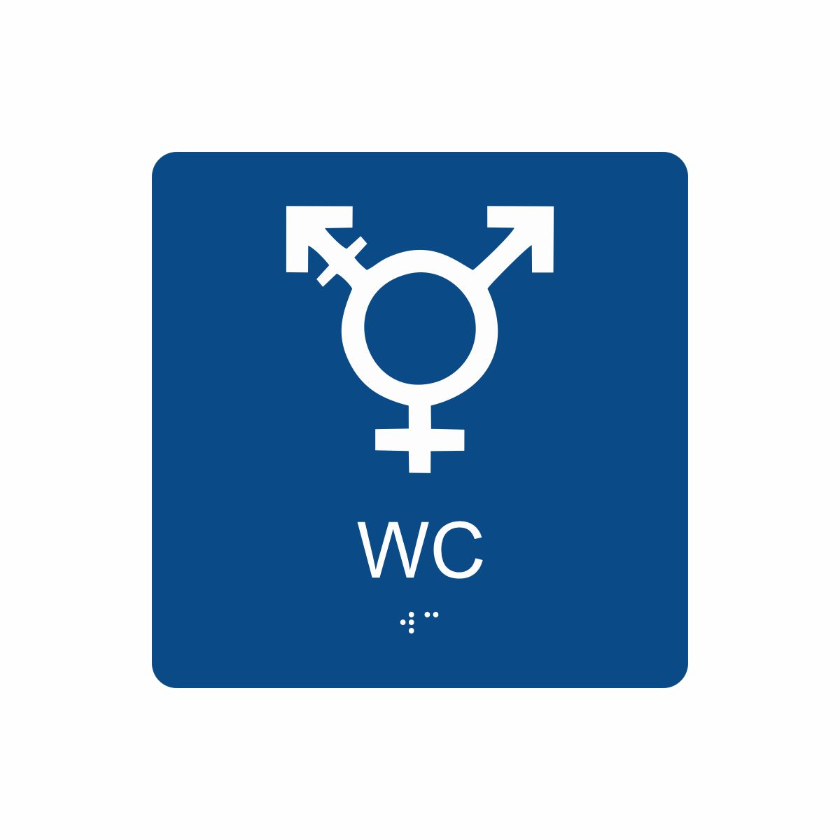 Blå och vit skylt för wc med piktogram som symboliserar könsneutral toalett, texten wc står under symbolen och punktskrift längst ned