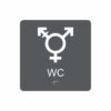 Charcoalgrå och vit skylt för wc med piktogram som symboliserar könsneutral toalett, texten wc står under symbolen och punktskrift längst ned