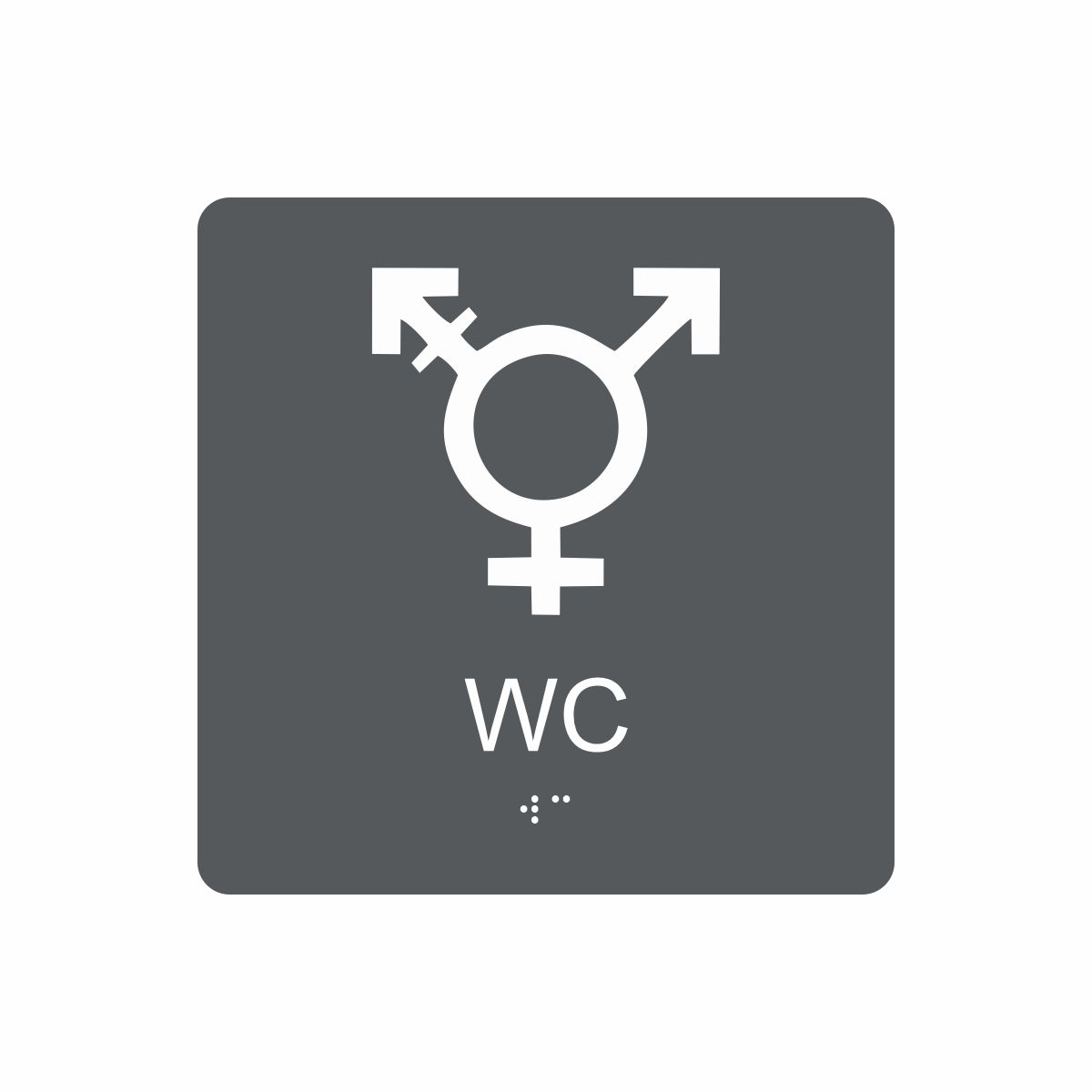 Charcoalgrå och vit skylt för wc med piktogram som symboliserar könsneutral toalett, texten wc står under symbolen och punktskrift längst ned