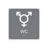 Grå och vit skylt för wc med piktogram som symboliserar könsneutral toalett, texten wc står under symbolen och punktskrift längst ned