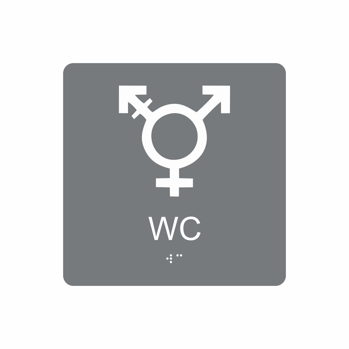 Grå och vit skylt för wc med piktogram som symboliserar könsneutral toalett, texten wc står under symbolen och punktskrift längst ned