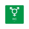 Grön och vit skylt för wc med piktogram som symboliserar könsneutral toalett, texten wc står under symbolen och punktskrift längst ned
