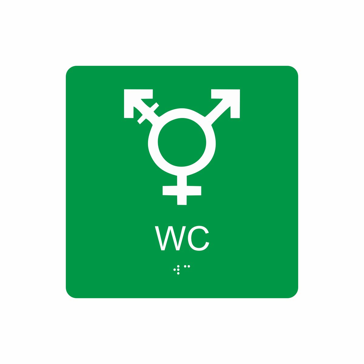 Grön och vit skylt för wc med piktogram som symboliserar könsneutral toalett, texten wc står under symbolen och punktskrift längst ned