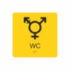 Gul och svart skylt för wc med piktogram som symboliserar könsneutral toalett, texten wc står under symbolen och punktskrift längst ned