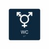 Mörkblå och vit skylt för wc med piktogram som symboliserar könsneutral toalett, texten wc står under symbolen och punktskrift längst ned